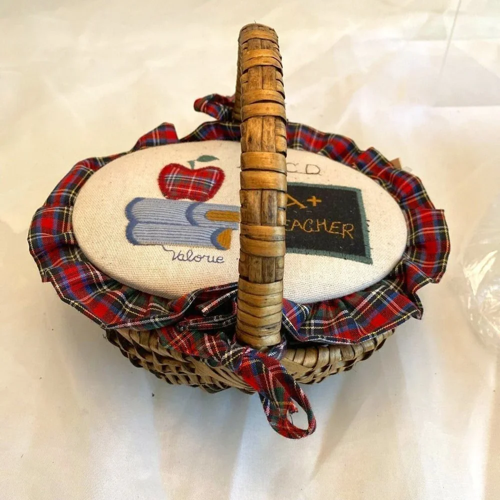 VTG 80s 90s Valorie Sockwell A+ Teacher Basket Folk Art Plaid Ruffle Apple Retro